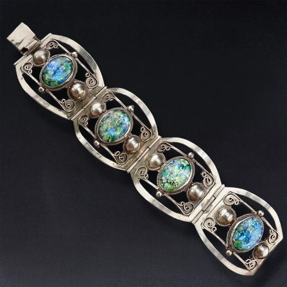 Taxco Jewelry - Vintage Taxco Mexico 925 Sterling Silver Link Bracelet Dragon’s Breath Cabochons
